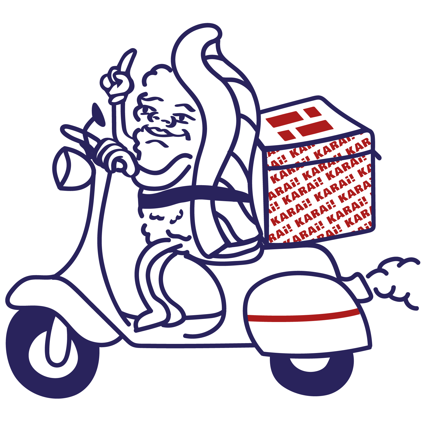 Karushi mascota de KARAi en moto de repartiment